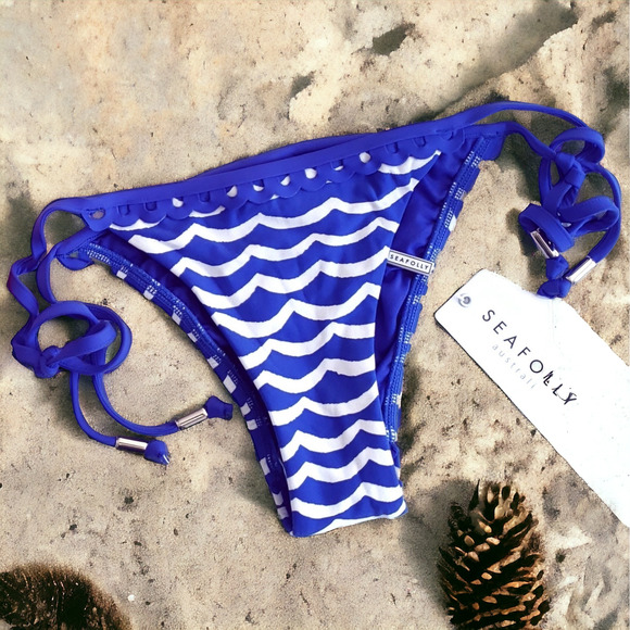SEAFOLLY Tidal Wave side tie striped swim bikini bottoms in blue wave Size 2 NEW - Picture 1 of 5